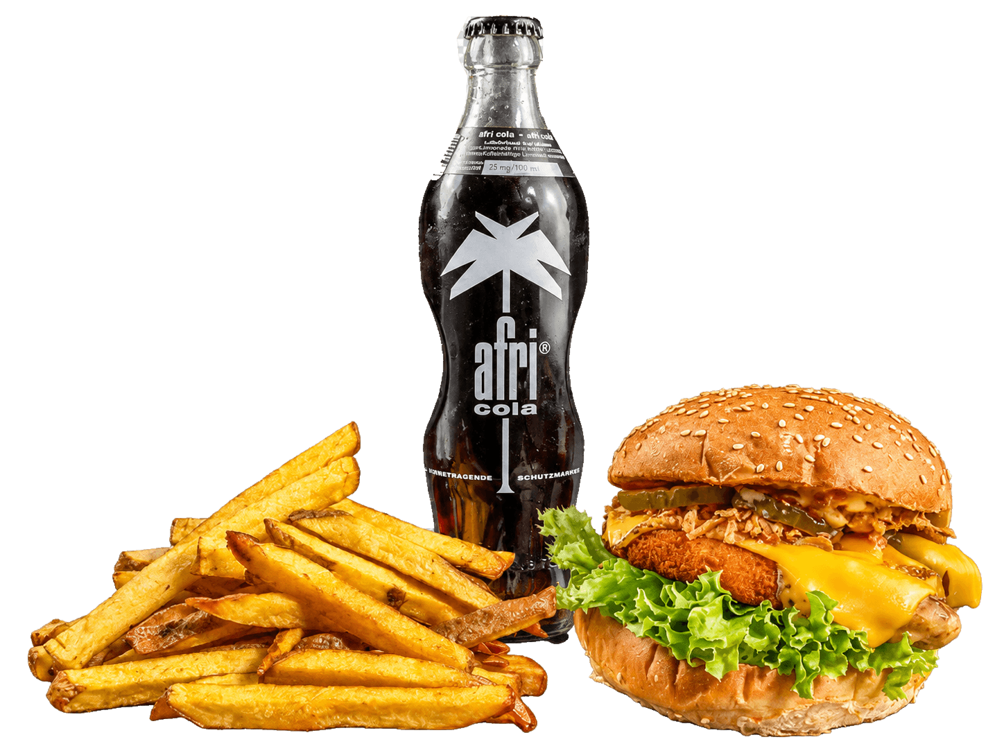 Chickensticksburger Menü mit Pommes und Getränk