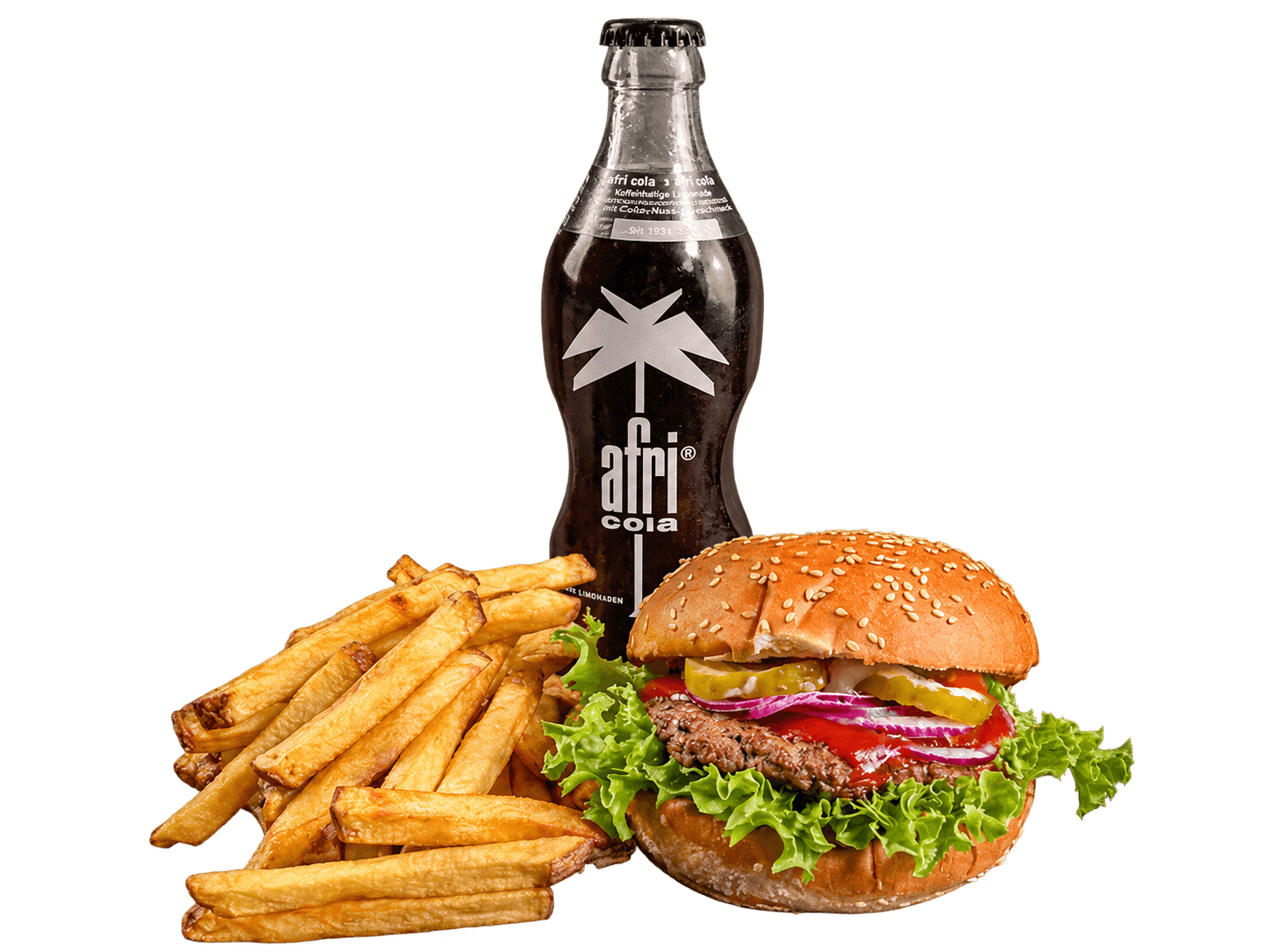 Hamburger Menü mit Pommes und Getränk