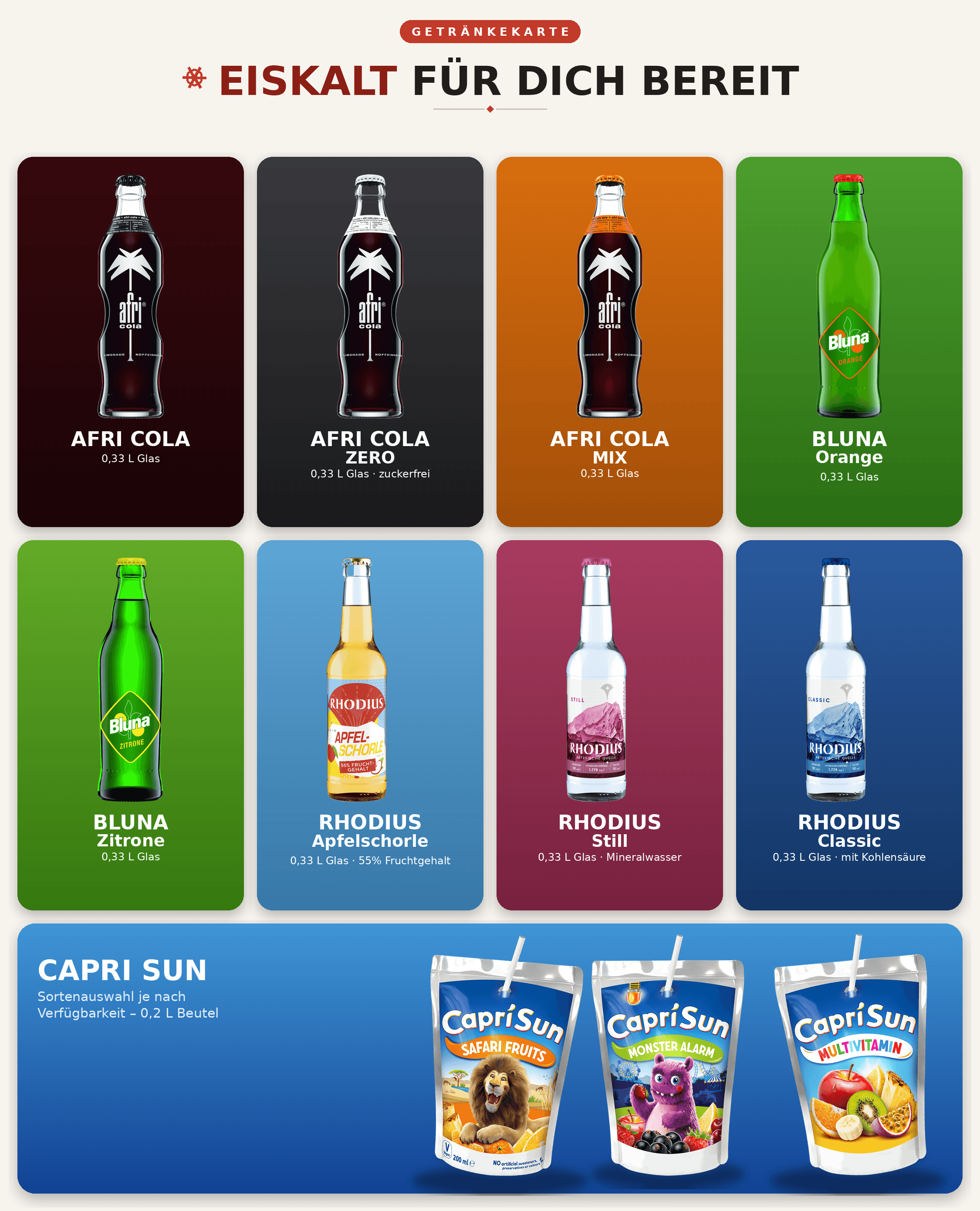 Getränkekarte von 3H's: afri cola, afri cola Zero, afri cola Mix, Bluna Orange, Bluna Zitrone, Rhodius Apfelschorle, Rhodius Still, Rhodius Classic und Capri-Sun