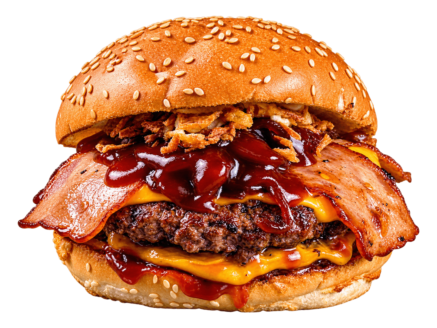 3H's Burger mit Rindfleisch-Patty, Cheddar, Truthahn-Bacon, BBQ-Sauce und Röstzwiebeln im Sesam-Bun