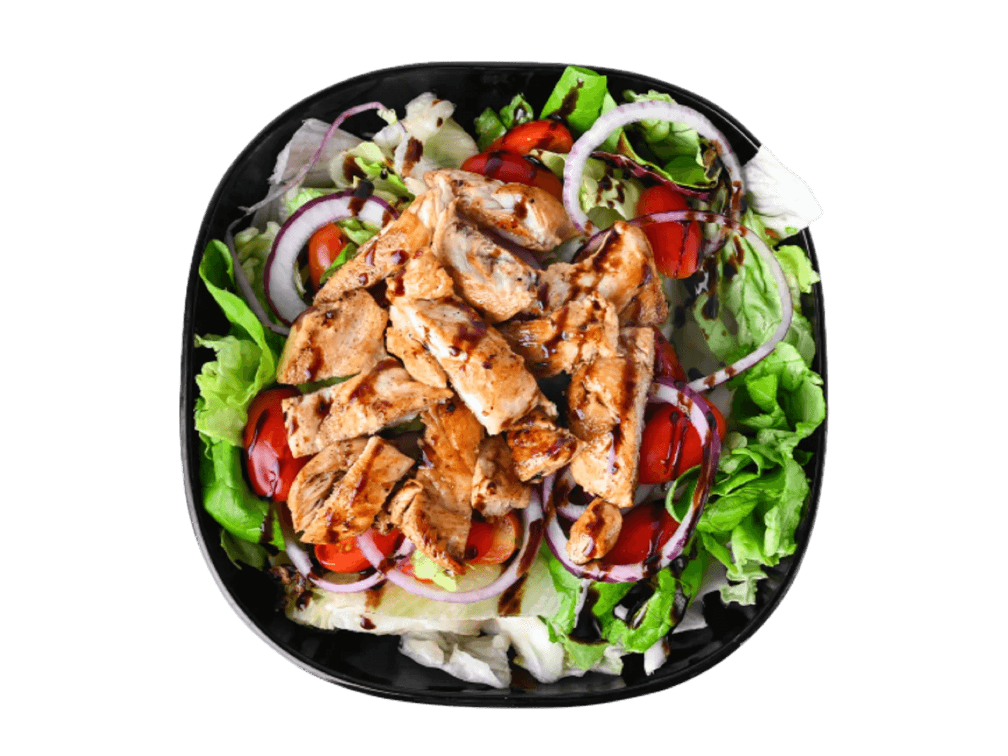 3H's Salat mit gegrillter Hähnchenbrust, Kirschtomaten, roten Zwiebeln und Balsamico-Creme