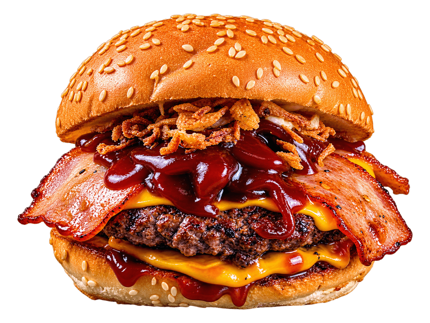 3H's Burger Small mit Rindfleisch-Patty, Cheddar, Truthahn-Bacon, BBQ-Sauce und Röstzwiebeln im Sesam-Bun