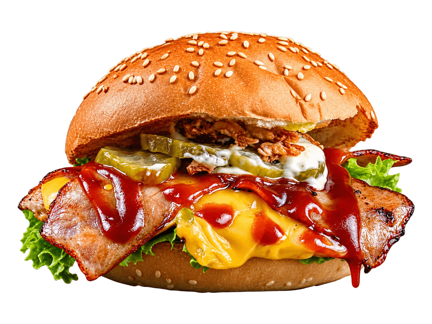 BBQ Chicken Burger mit Hähnchen, Cheddar, Truthahn-Bacon, BBQ-Sauce und Gurken im Sesam-Bun