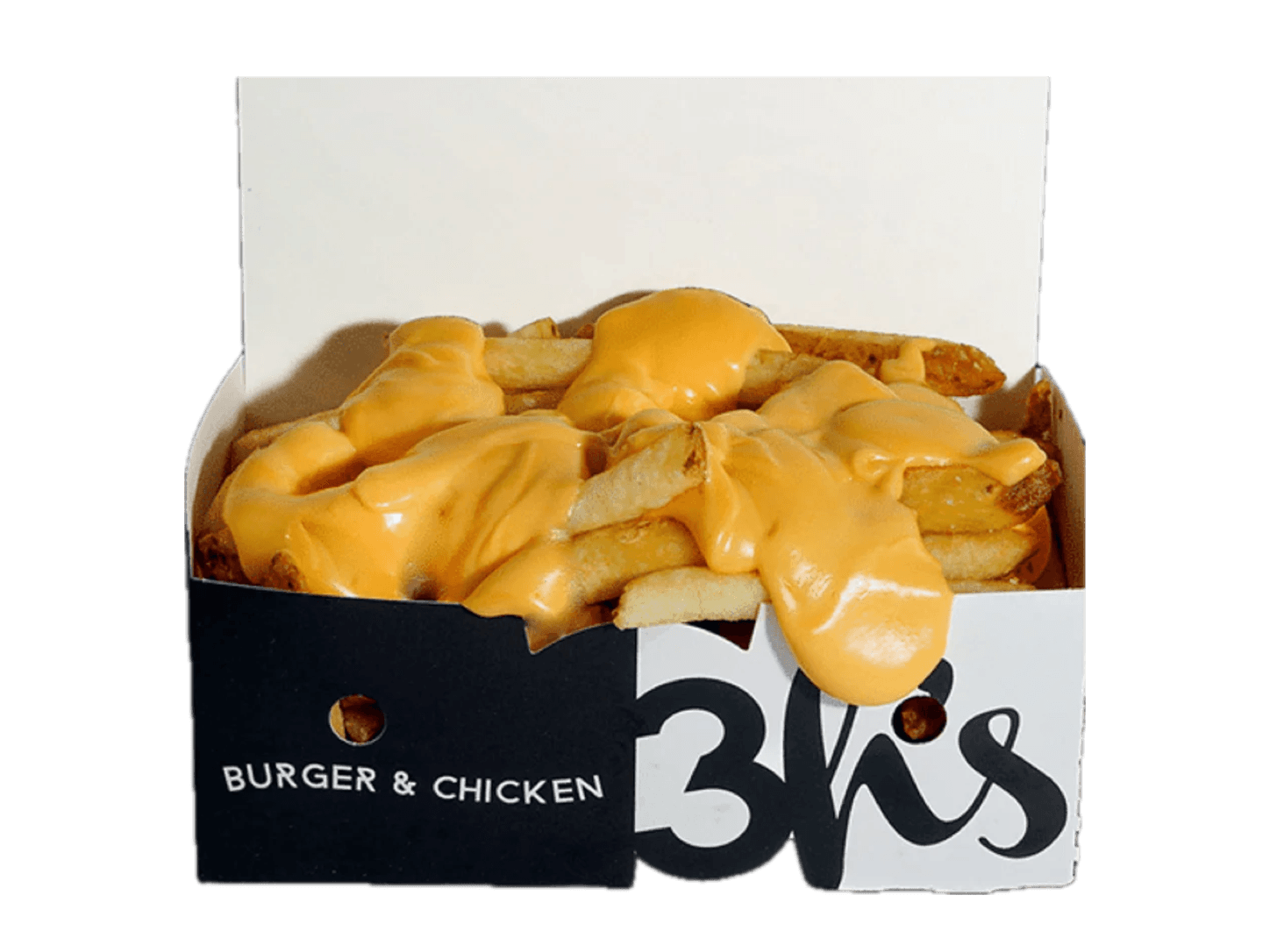 Fritten mit Cheddar-Sauce in der 3H's Verpackung