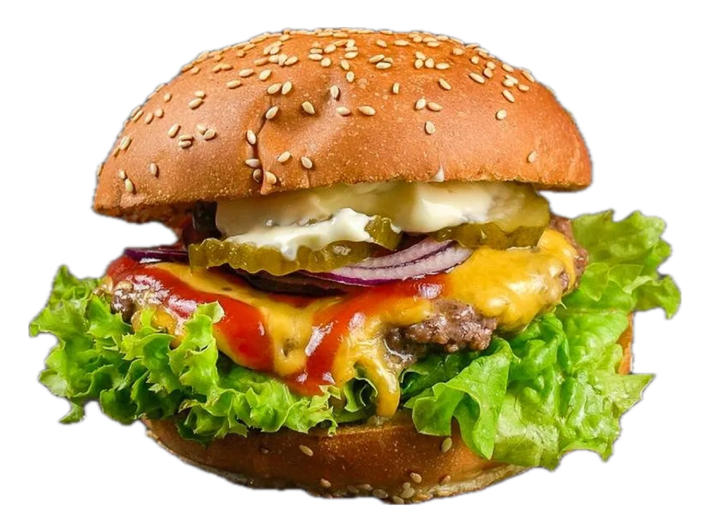 Cheeseburger mit Rindfleisch-Patty, Cheddar, Salat, roten Zwiebeln und Gurken im Sesam-Bun