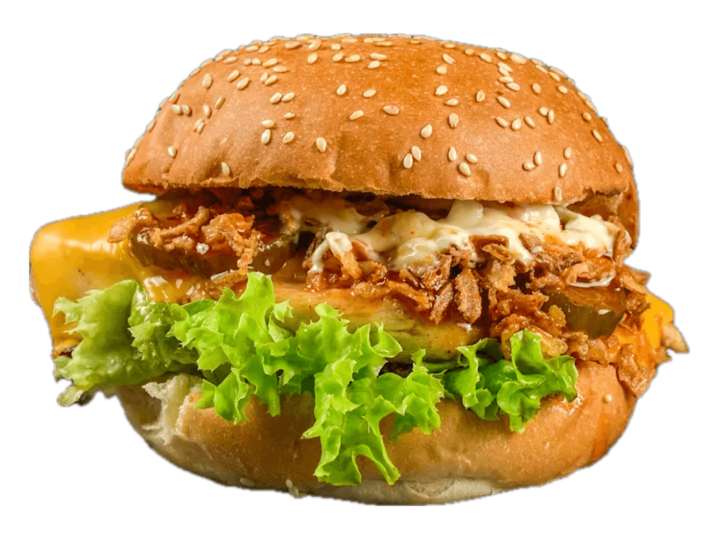 Chicken Burger mit Hähnchenbrust, Cheddar, Röstzwiebeln, Gurken und Salat im Sesam-Bun