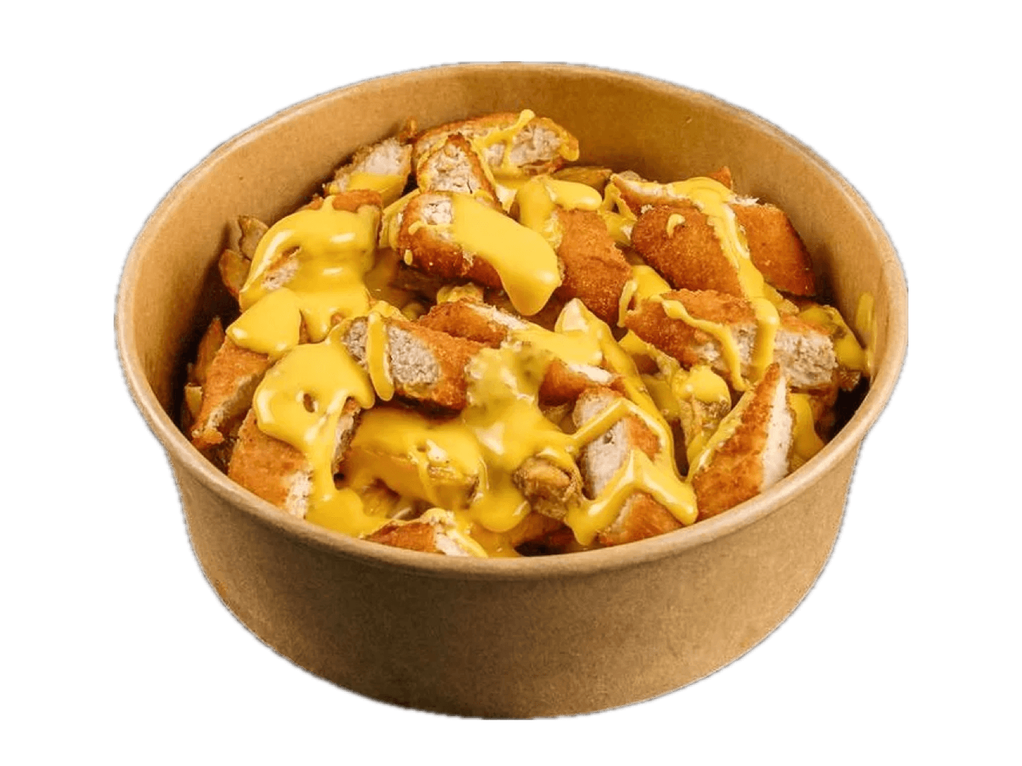 Fritten mit Chicken Sticks und Cheddar-Sauce in der Schale