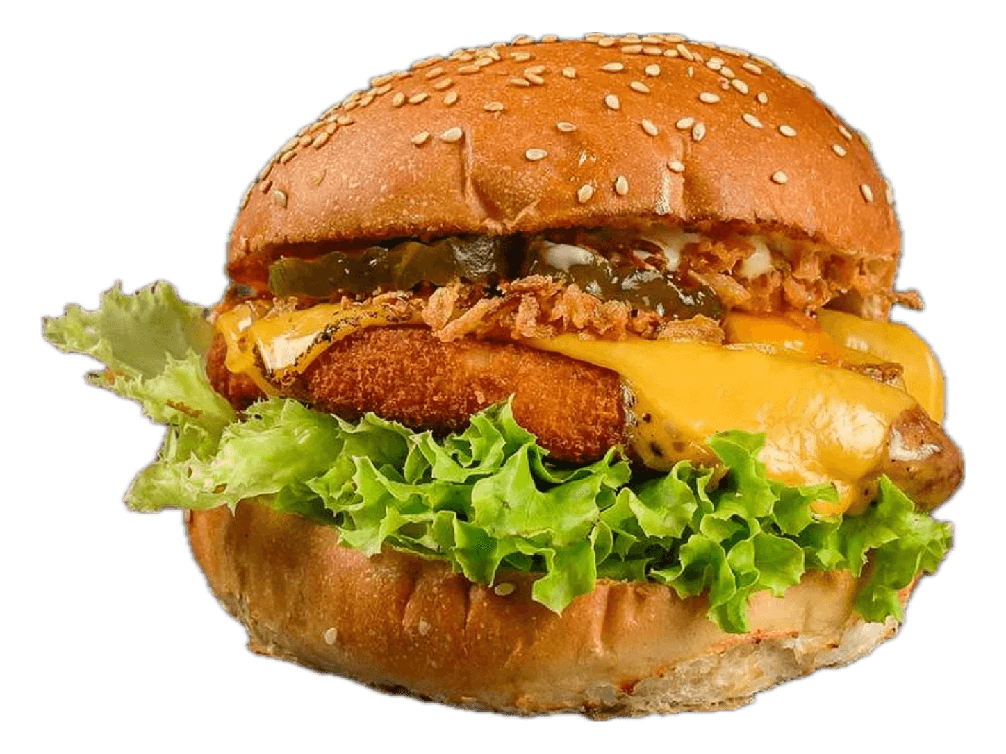 Chickensticks-Burger mit panierten Chicken Sticks, Cheddar, Röstzwiebeln, Gurken und Salat im Sesam-Bun