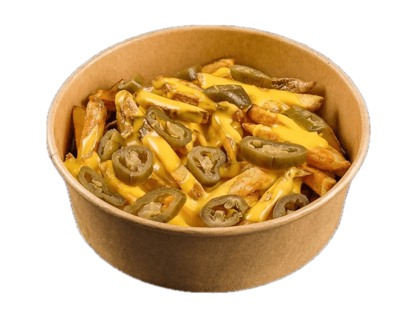Fritten mit Cheddar-Sauce und Jalapeños in der Schale