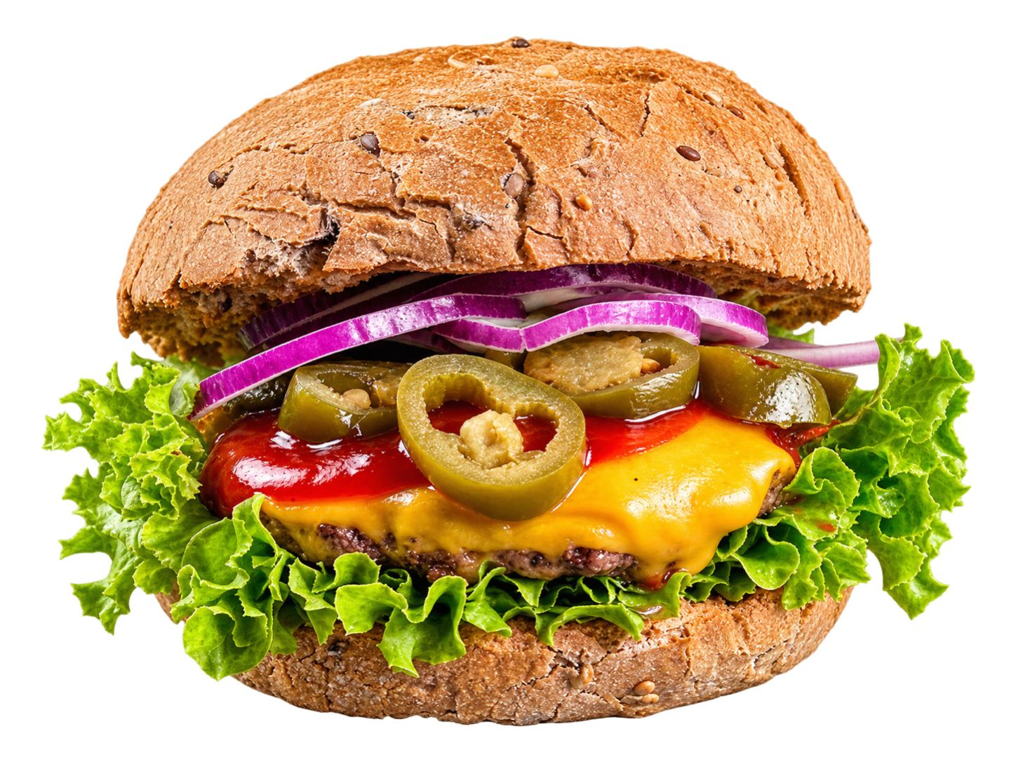 Chili Cheese Burger mit Rindfleisch-Patty, Cheddar, Jalapeños, roten Zwiebeln und Salat im Mehrkorn-Bun