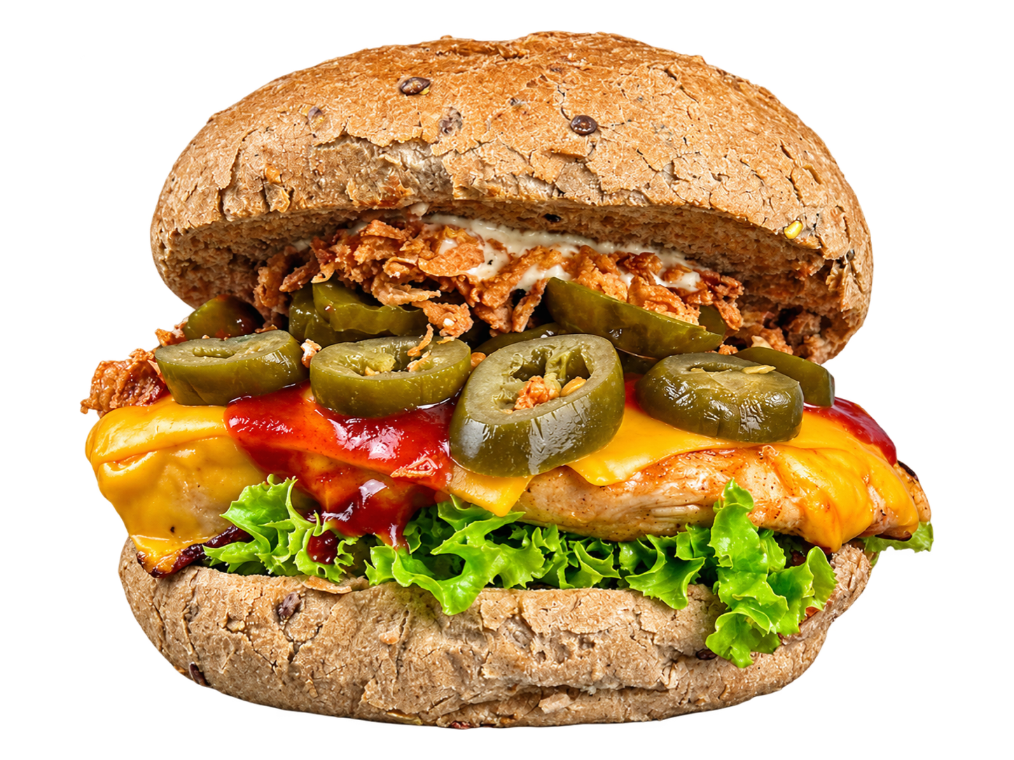 Chili Chicken Burger mit Hähnchenbrust, Cheddar, Jalapeños, Röstzwiebeln und Salat im Mehrkorn-Bun