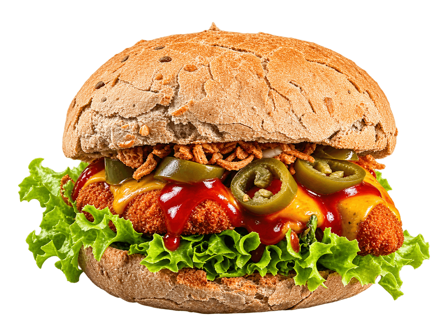 Chili-Chickensticks-Burger mit panierten Chicken Sticks, Cheddar, Jalapeños, Röstzwiebeln und Salat im Mehrkorn-Bun