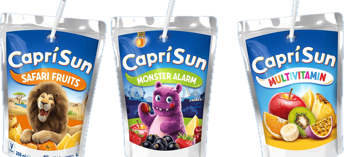 Drei Capri-Sun-Beutel in verschiedenen Sorten