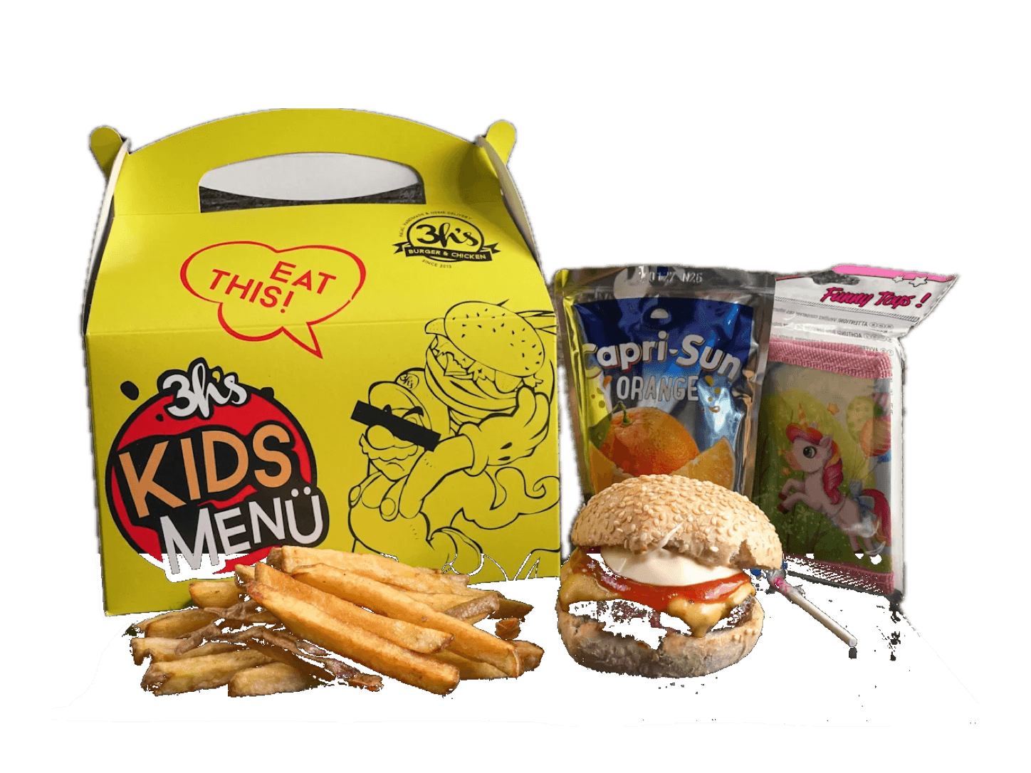 Kids-Menü mit Cheeseburger, Pommes, Capri-Sonne und Überraschung in der gelben 3H's Box