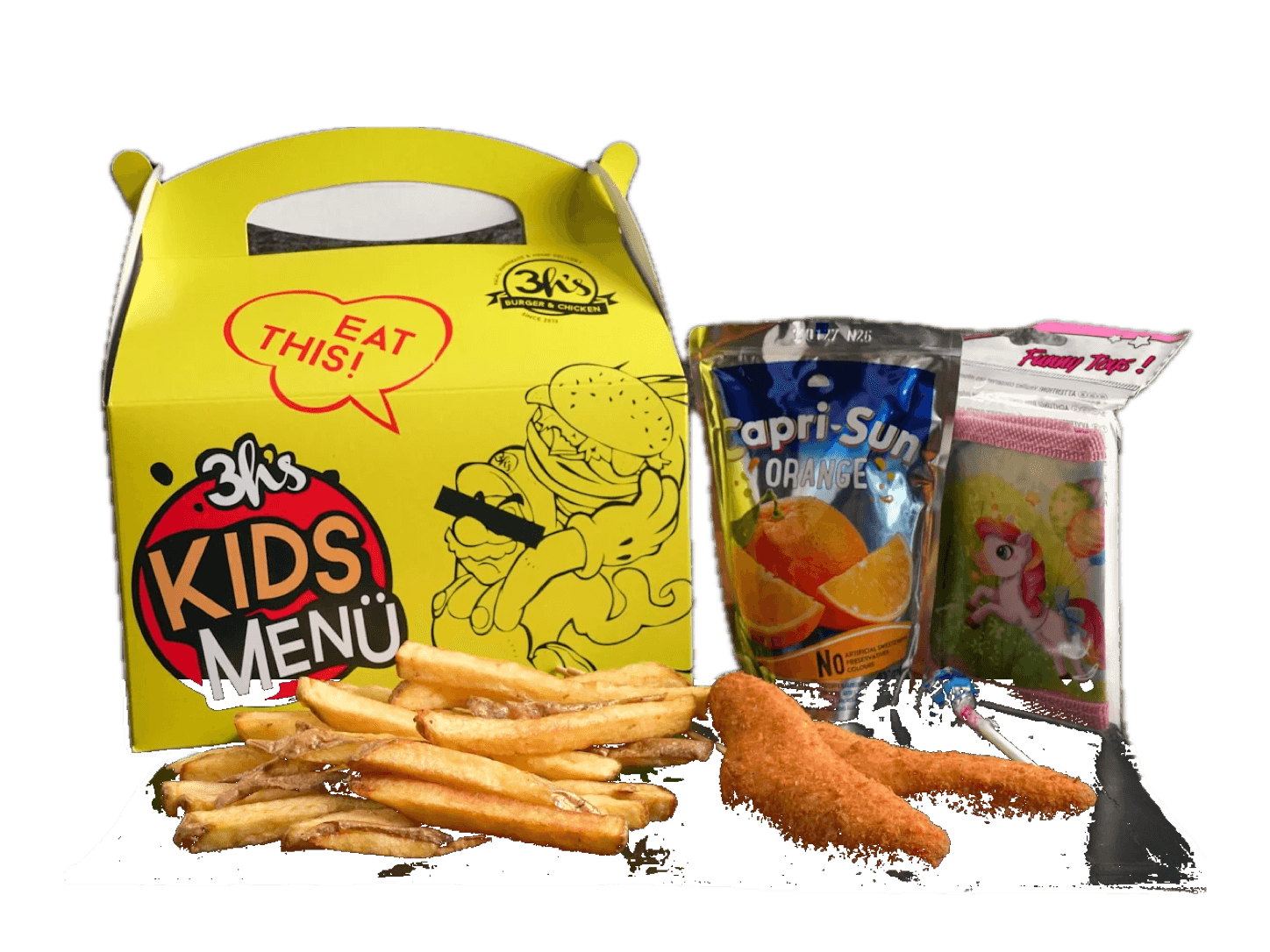 Kids-Menü mit zwei Chicken Sticks, Pommes, Capri-Sonne und Überraschung in der gelben 3H's Box