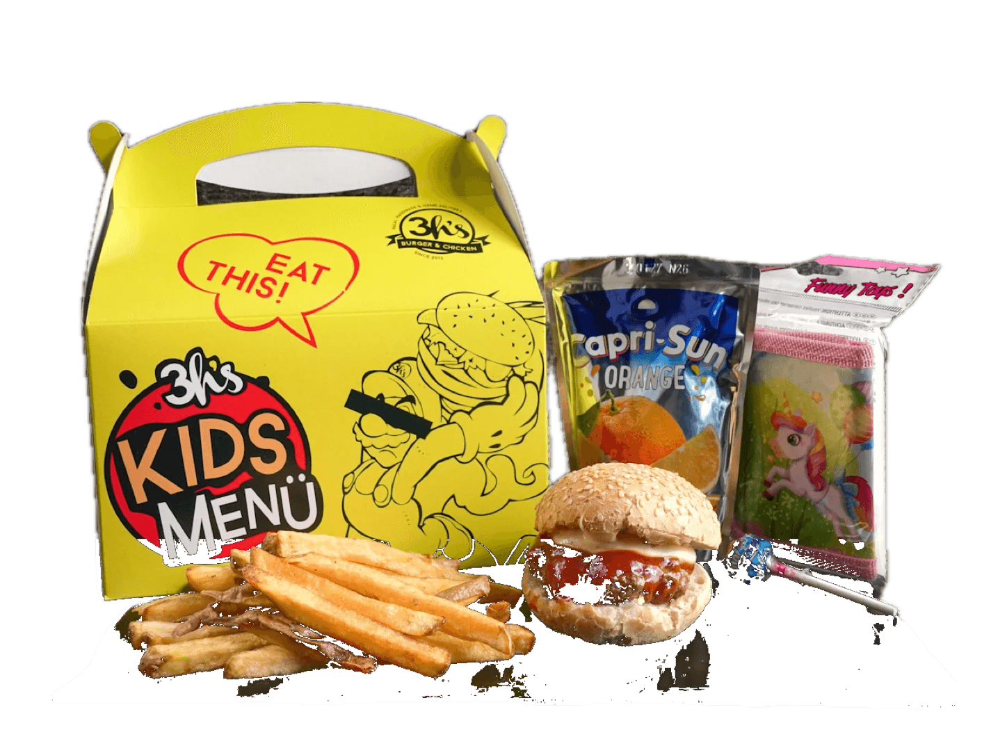 Kids-Menü mit Hamburger, Pommes, Capri-Sonne und Überraschung in der gelben 3H's Box