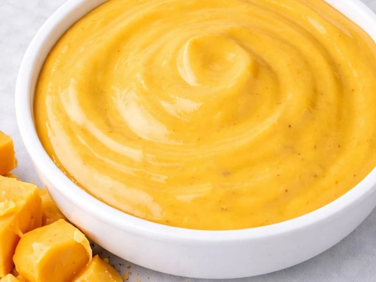 Schälchen mit Käsesauce, daneben Cheddarwürfel