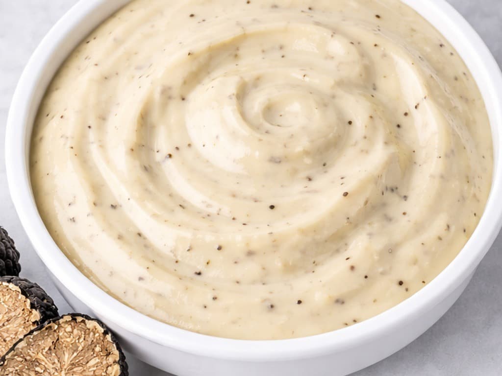 Schälchen mit Trüffelmayo, daneben schwarze Trüffel