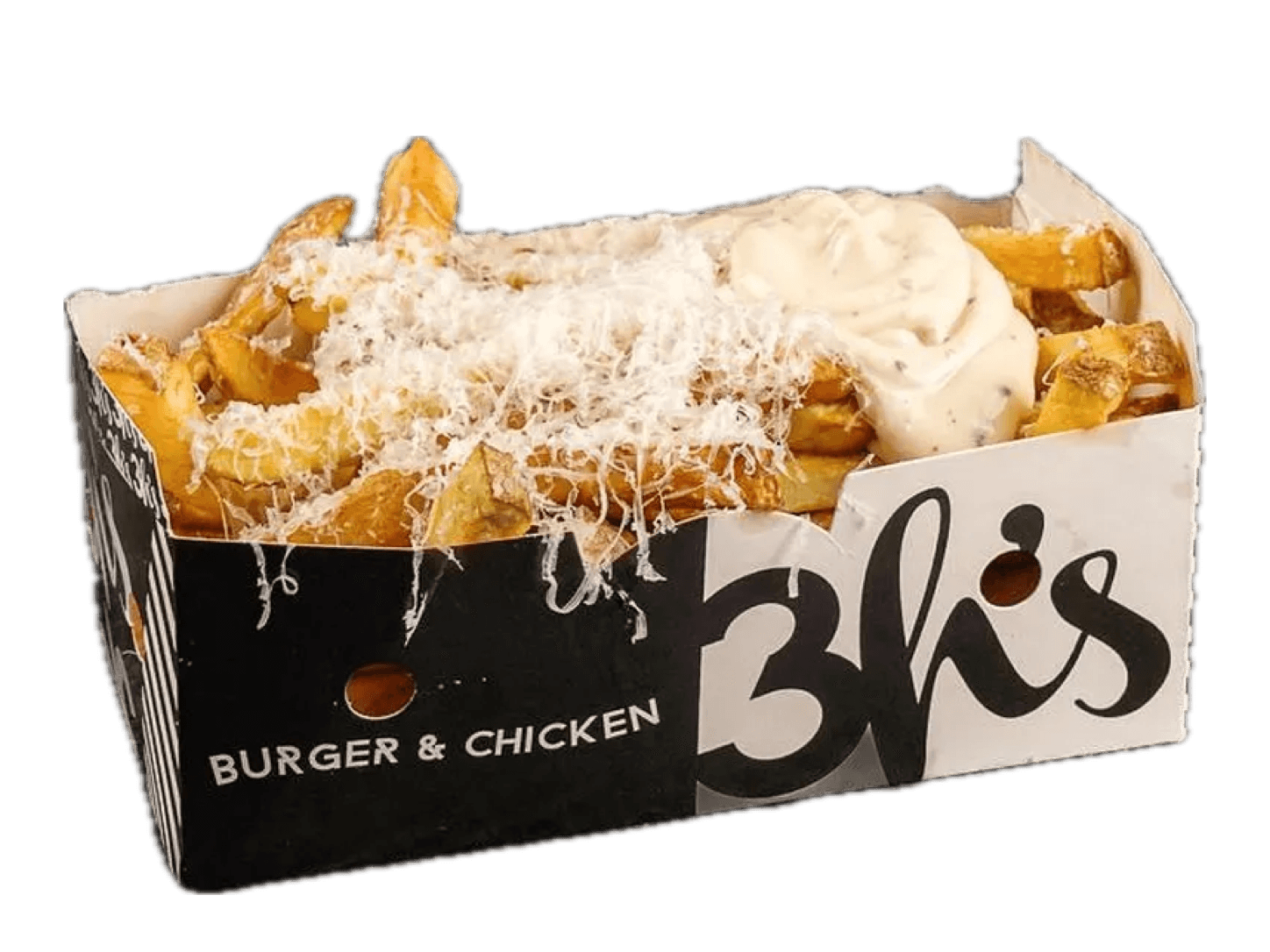 Fritten mit geriebenem Parmesan und Trüffelmayo in der 3H's Verpackung